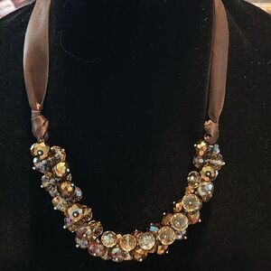 Ali Khan New York Brown satin ribbon cluster gorgeous faceted crystal necklace